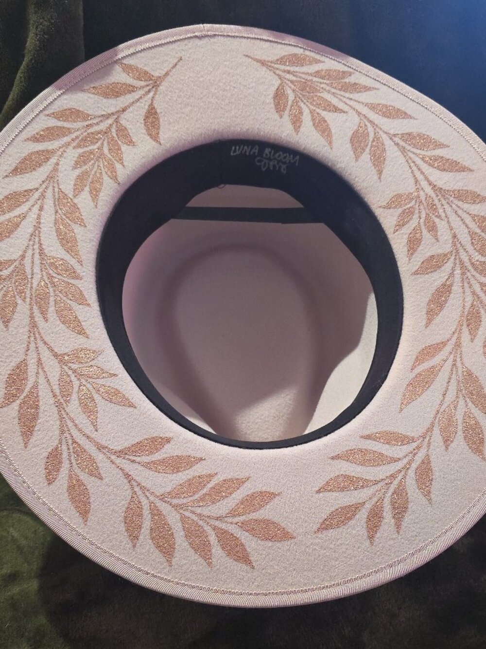 Luna Bloom Hand-Painted Rancher Hat Blush Pink Rose Gold Leaf Wide Brim OS